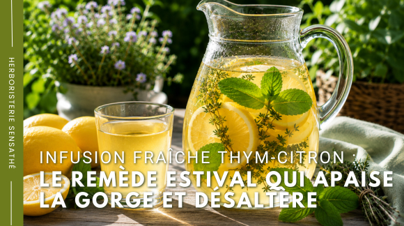 Recette infusion fraîche thym-citron le remède estival qui apaise la gorge et désaltère - Herboristerie Sensathé